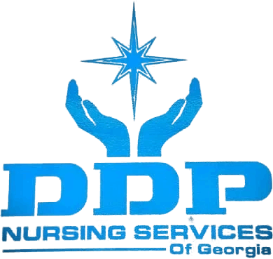 A blue logo of pdp nursing services